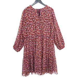 Lane Bryant Wine Red Mustard Yellow Dainty Floral Long Sleeve Dress Size 26/28